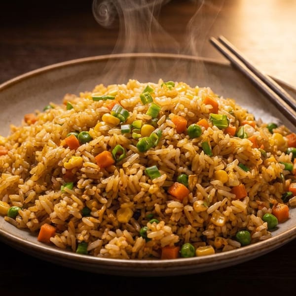 Steaming plate of vegetable fried rice with peas, carrots, corn, and scallions, accompanied by chopsticks on a wooden table.