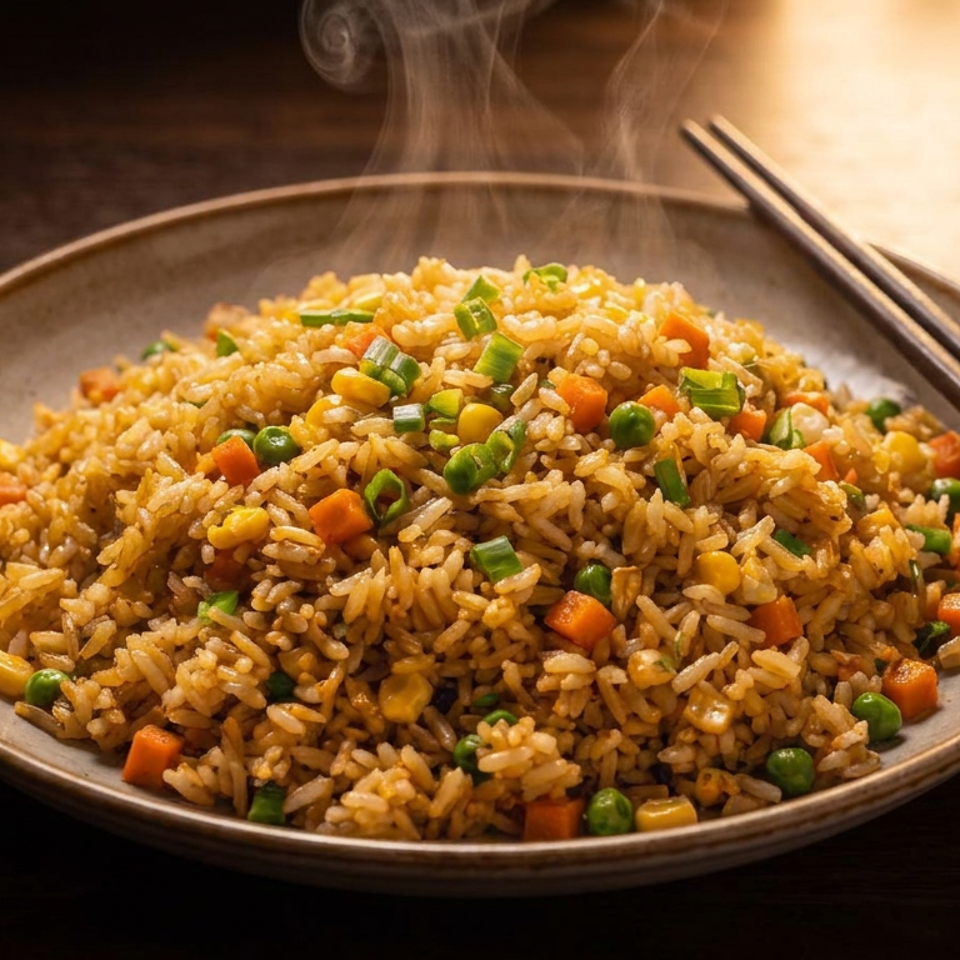 Steaming plate of vegetable fried rice with peas, carrots, corn, and scallions, accompanied by chopsticks on a wooden table.