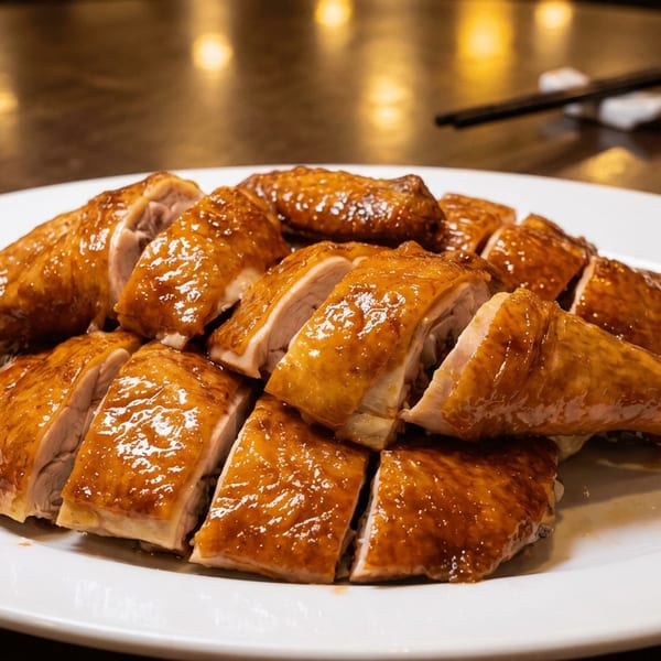 Glazed roasted duck cut into pieces on a white platter, with chopsticks, dipping bowls, and plates on a warmly lit table.