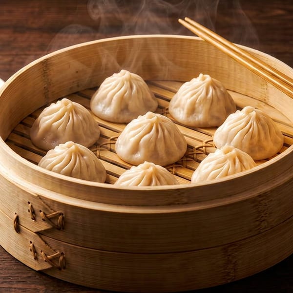 Steaming soup dumplings in a bamboo steamer with chopsticks and soy dipping sauce on a wooden table.