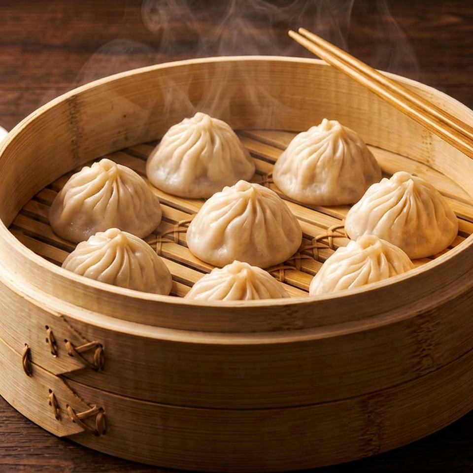 Steaming soup dumplings in a bamboo steamer with chopsticks and soy dipping sauce on a wooden table.