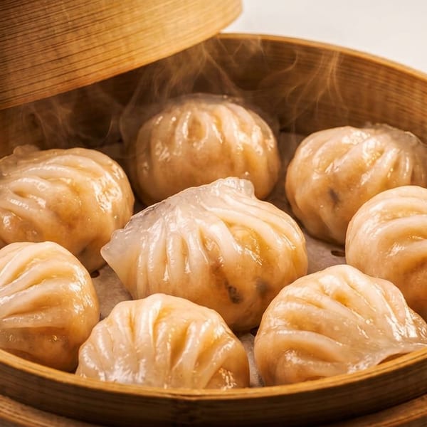 Steaming translucent dumplings arranged in a round bamboo steamer basket.