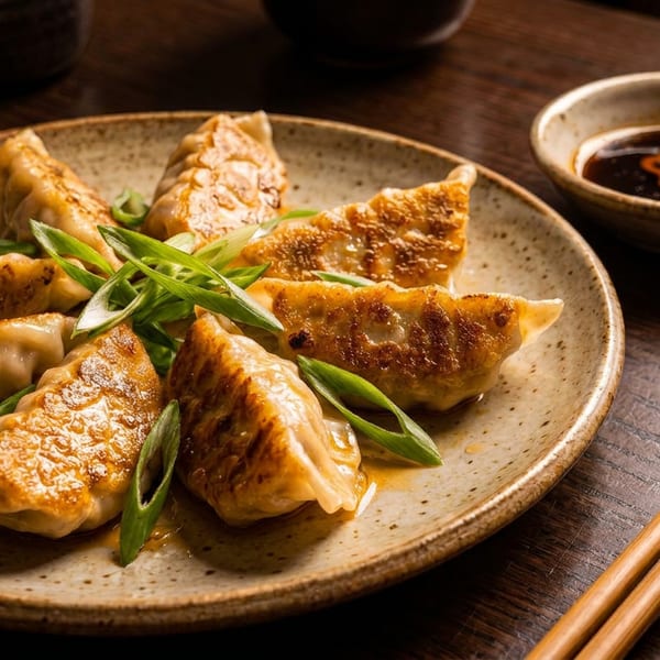 Pan-fried dumplings garnished with scallions on a ceramic plate, accompanied by dipping sauce and chopsticks on a wooden table.