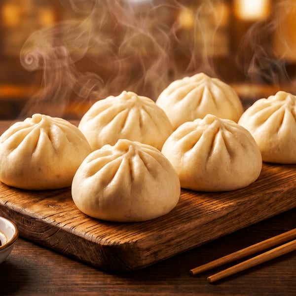 Six steaming Chinese dumplings on a wooden serving board with chopsticks and chili dipping sauce.